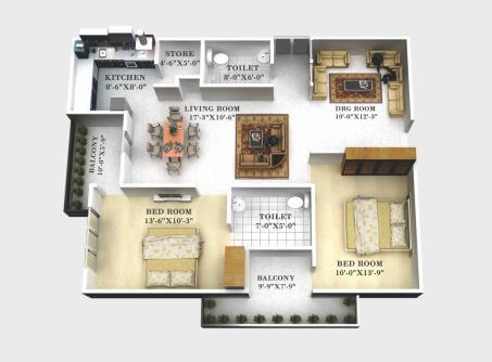 Floor plan of 2 BHK 1232 Sq. Ft. Apartment in Europa Towers, Lucknow