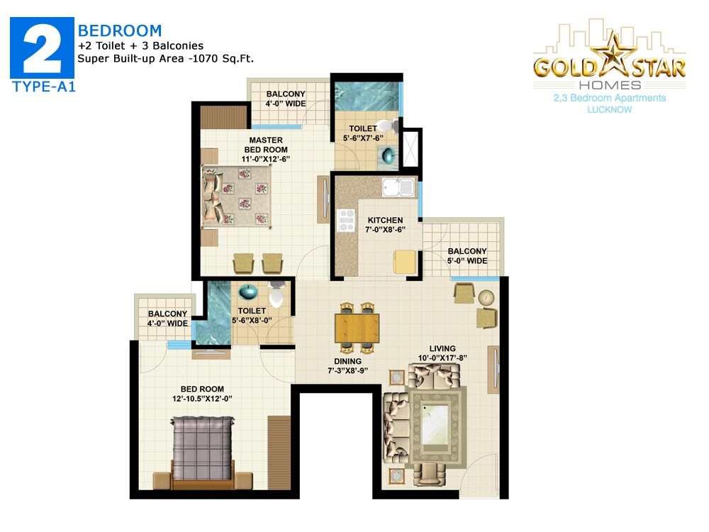 Floor plan of 2 BHK 1070 Sq. Ft. Apartment in Gold Star Homes, Lucknow