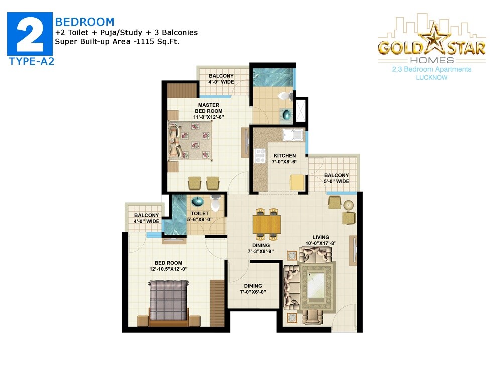Floor plan of 2 BHK 1115 Sq. Ft. Apartment in Gold Star Homes, Lucknow