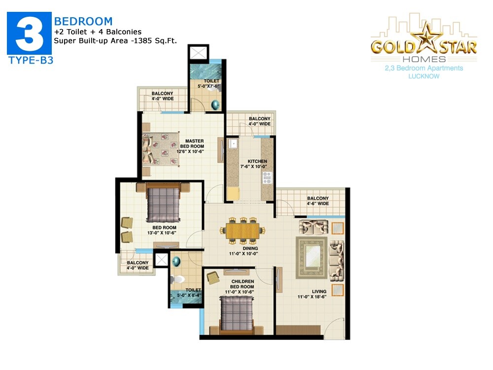 Floor plan of 3 BHK 1385 Sq. Ft. Apartment in Gold Star Homes, Lucknow