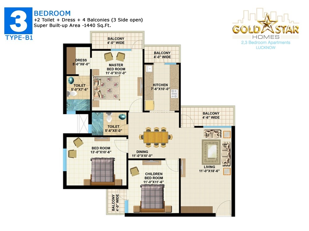 Floor plan of 3 BHK 1440 Sq. Ft. Apartment in Gold Star Homes, Lucknow