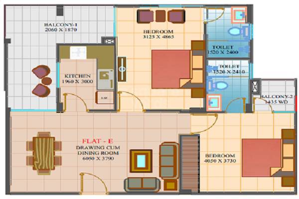 Floor plan of 2 BHK 751 Sq. Ft. Apartment in Gopal Tirath Apartments, Lucknow