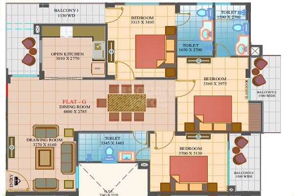 Floor plan of 3 BHK 1069 Sq. Ft. Apartment in Gopal Tirath Apartments, Lucknow
