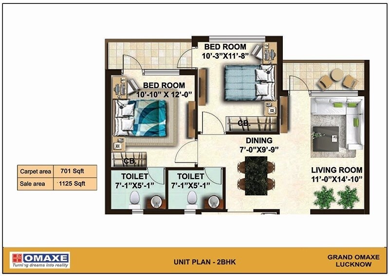 Floor plan of 2 BHK 1125 Sq. Ft. Apartment in Grand Omaxe, Lucknow