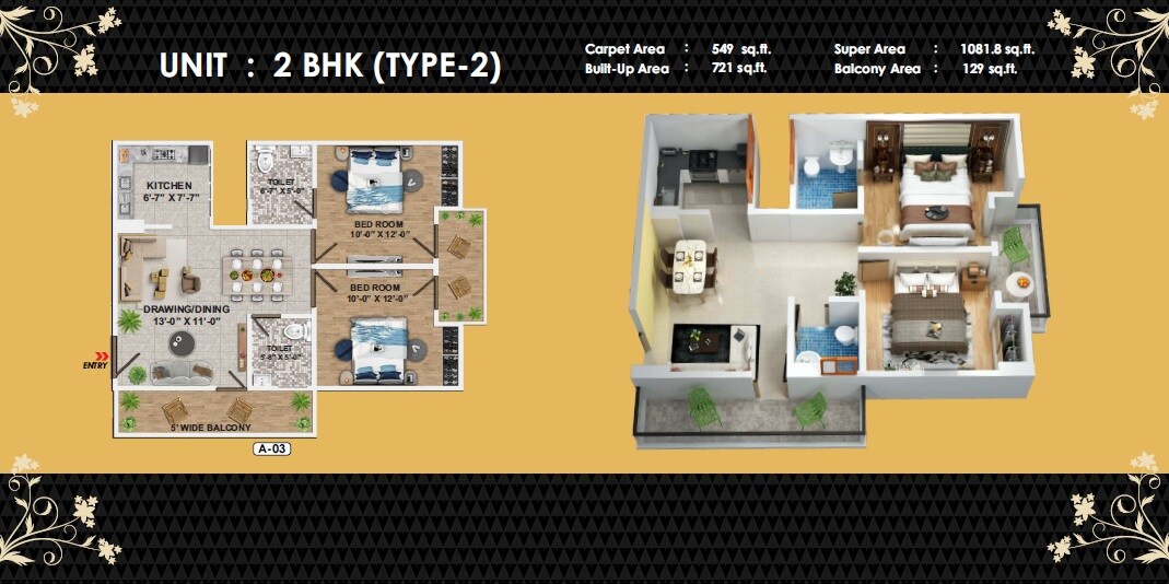 Floor plan of 2 BHK 1082 Sq. Ft. Apartment in GSR Heights Lucknow, Lucknow