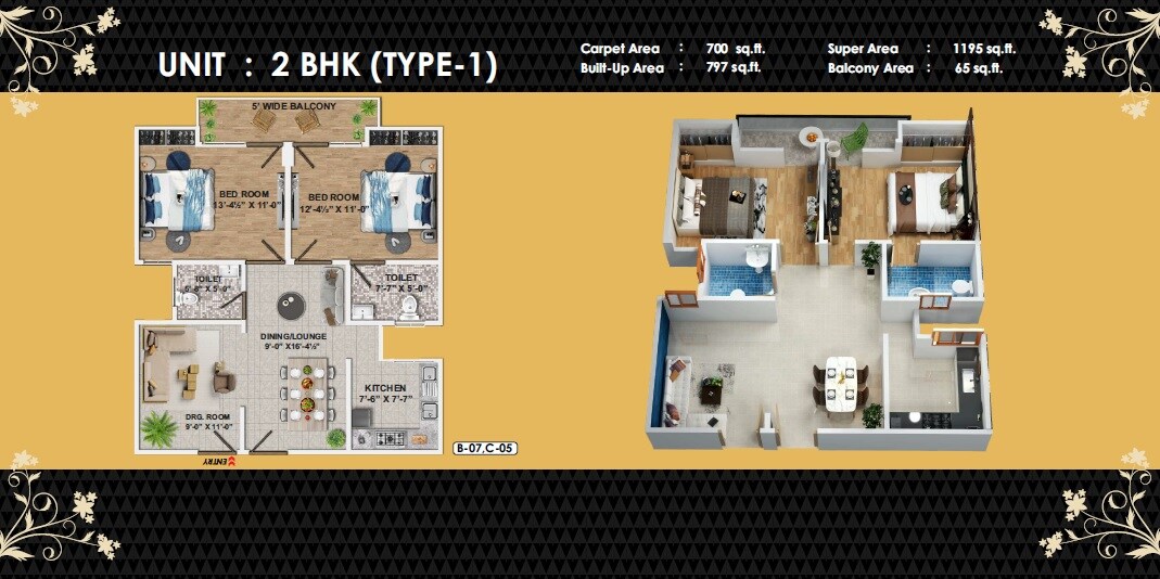 Floor plan of 2 BHK 1195 Sq. Ft. Apartment in GSR Heights Lucknow, Lucknow