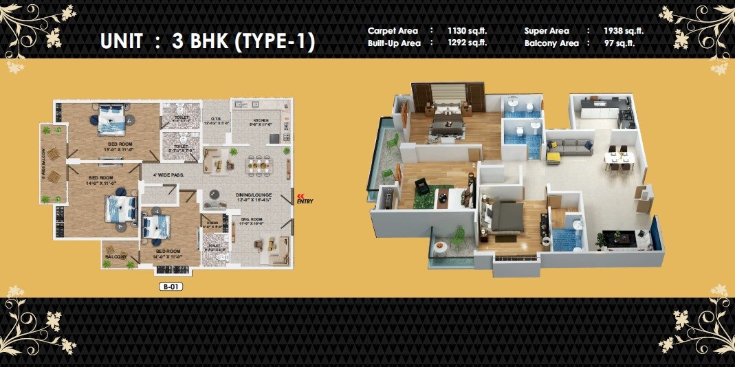 Floor plan of 3 BHK 1938 Sq. Ft. Apartment in GSR Heights Lucknow, Lucknow