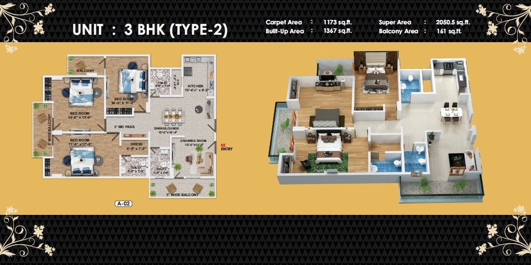 Floor plan of 3 BHK 2050 Sq. Ft. Apartment in GSR Heights Lucknow, Lucknow