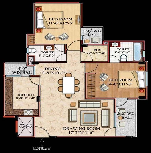 Floor plan of 2 BHK 1303 Sq. Ft. Apartment in Indraprastha Anand, Lucknow