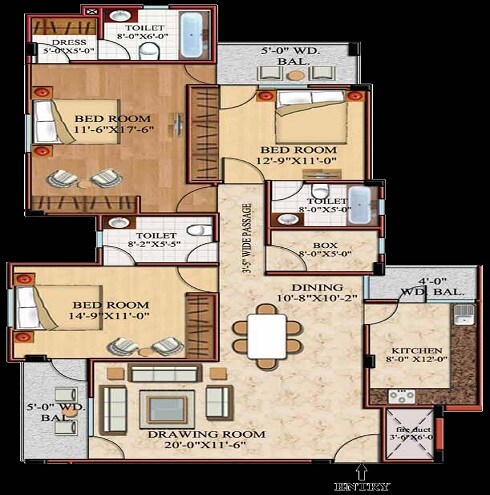 Floor plan of 3 BHK 1800 Sq. Ft. Apartment in Indraprastha Anand, Lucknow