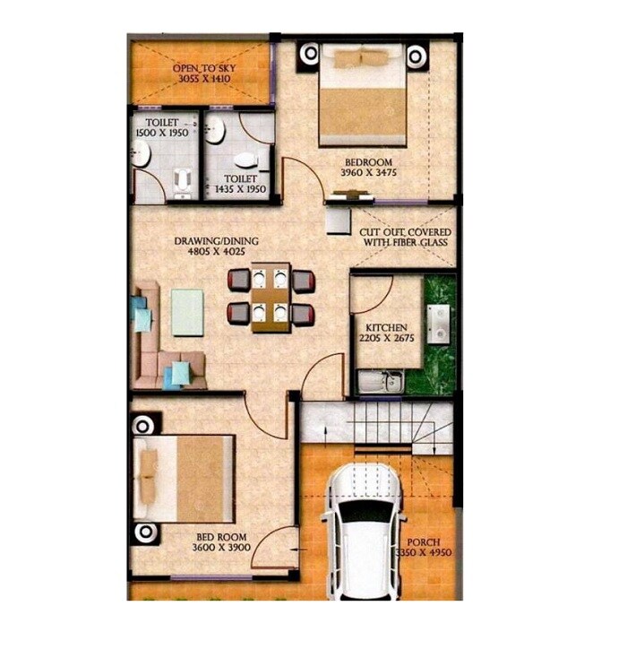 Floor plan of 2 BHK 1000 Sq. Ft. Villa in Kalpana Residency Lucknow, Lucknow