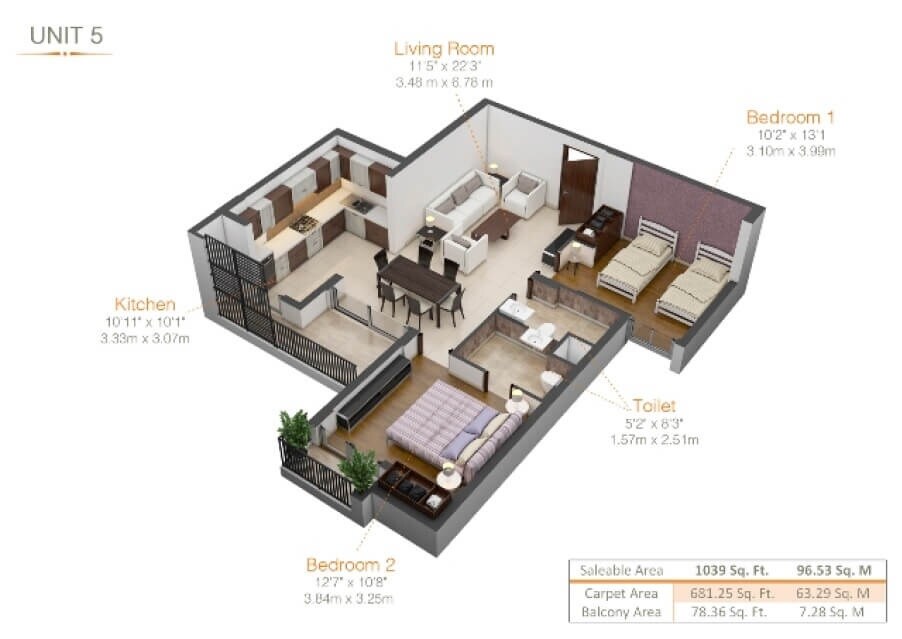 Floor plan of 2 BHK 1039 Sq. Ft. Apartment in Kiara Residency, Lucknow