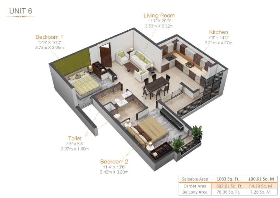 Floor plan of 2 BHK 1083 Sq. Ft. Apartment in Kiara Residency, Lucknow