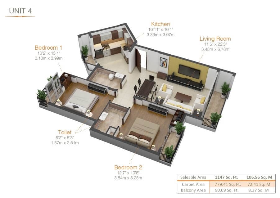 Floor plan of 2 BHK 1147 Sq. Ft. Apartment in Kiara Residency, Lucknow