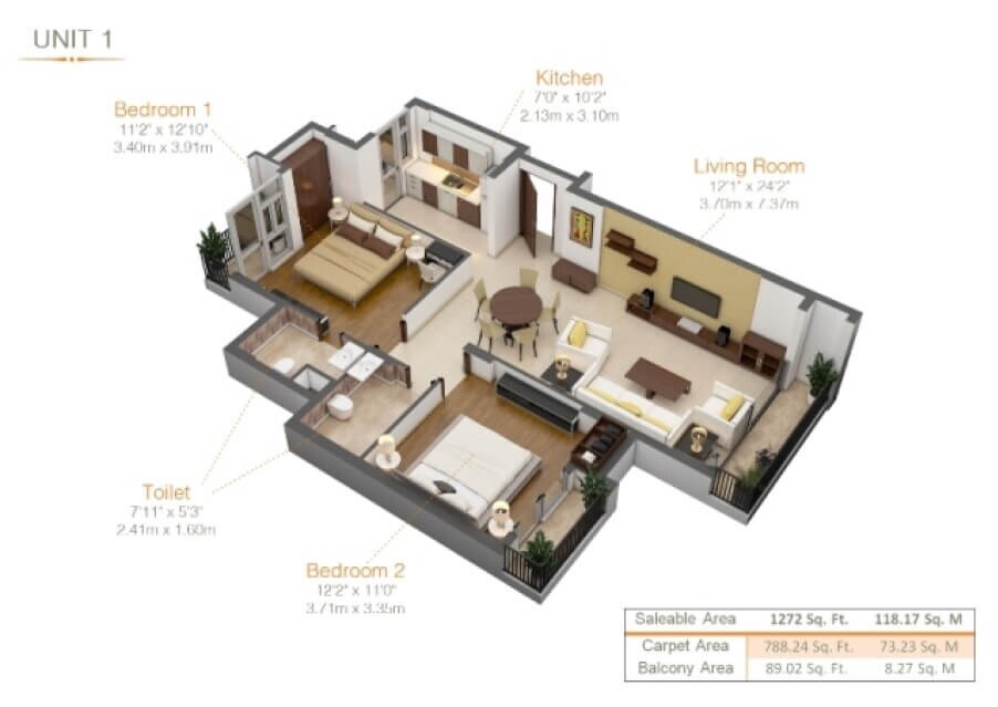 Floor plan of 2 BHK 1272 Sq. Ft. Apartment in Kiara Residency, Lucknow
