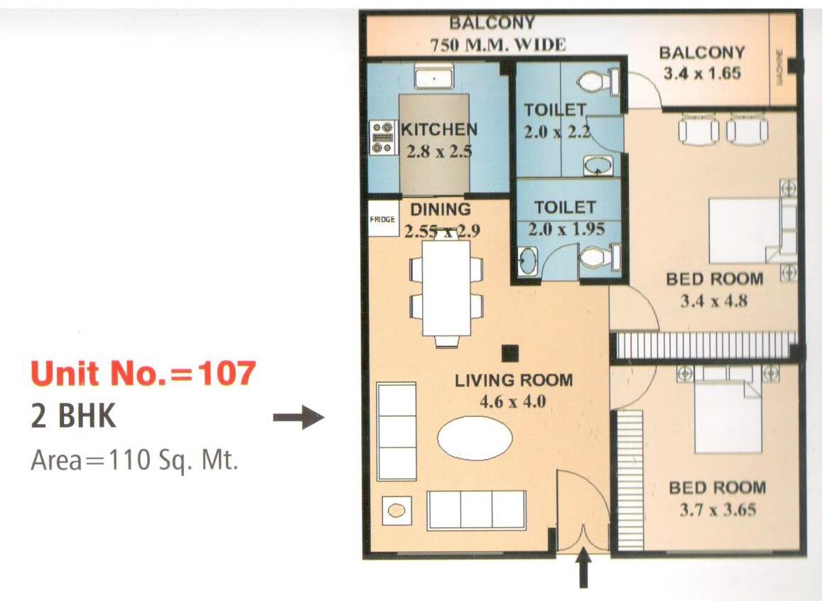 Floor plan of 2 BHK 1184 Sq. Ft. Apartment in Krishna Tower Lucknow, Lucknow