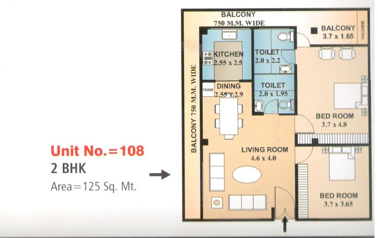 Floor plan of 2 BHK 1345 Sq. Ft. Apartment in Krishna Tower Lucknow, Lucknow