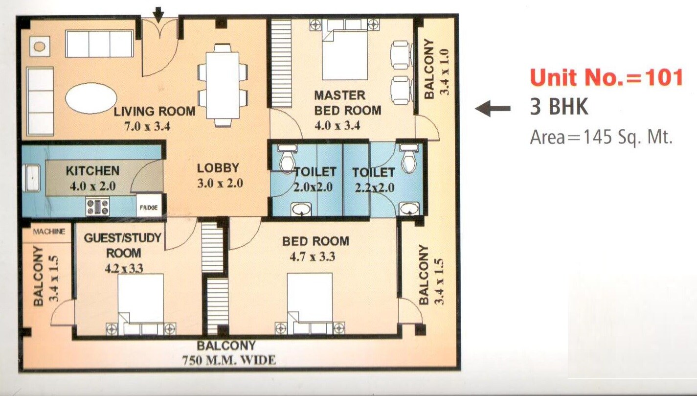Floor plan of 3 BHK 1560 Sq. Ft. Apartment in Krishna Tower Lucknow, Lucknow