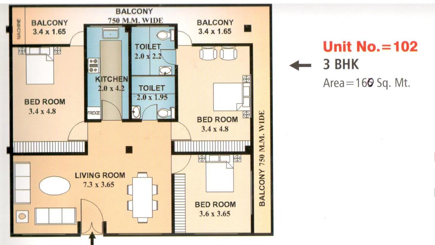 Floor plan of 3 BHK 1722 Sq. Ft. Apartment in Krishna Tower Lucknow, Lucknow
