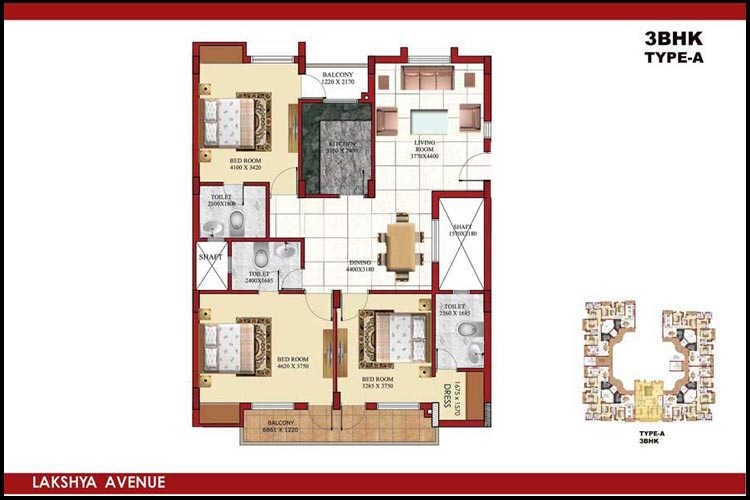Floor plan of 3 BHK 1087 Sq. Ft. Apartment in Lakshya Avenue, Lucknow