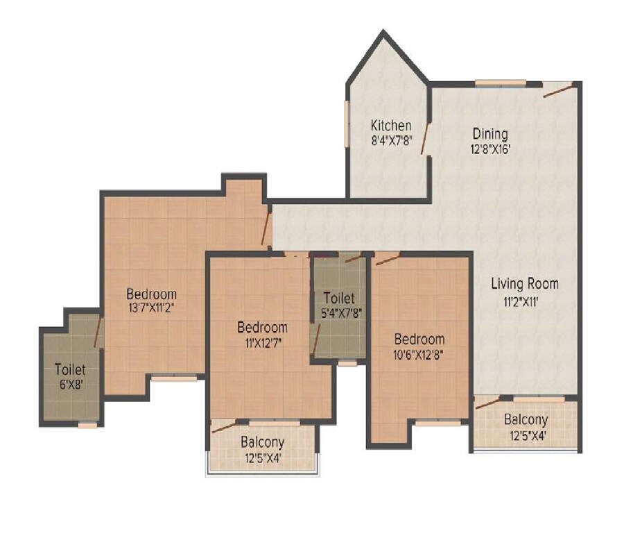 Floor plan of 3 BHK 1127 Sq. Ft. Apartment in Lakshya Avenue, Lucknow