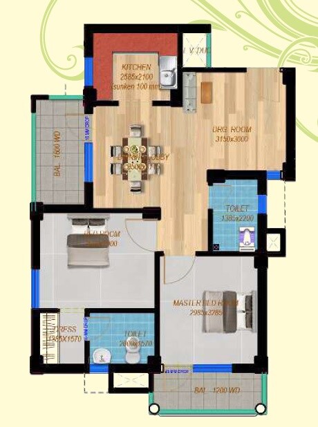 Floor plan of 2 BHK 541 Sq. Ft. Apartment in Lucknow Ahana Enclave, Lucknow