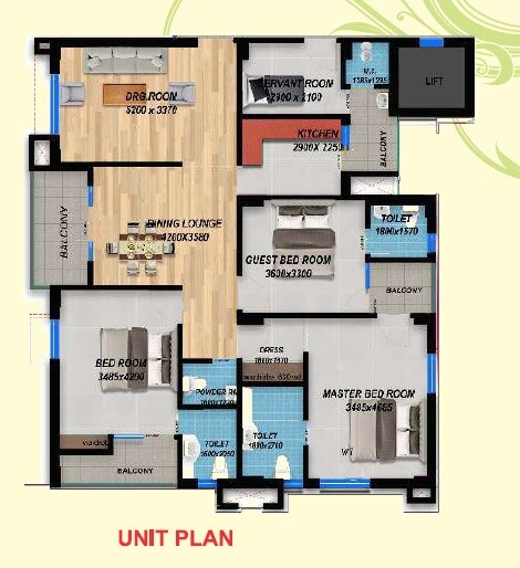 Floor plan of 3 BHK 1166 Sq. Ft. Apartment in Lucknow Ahana Enclave, Lucknow