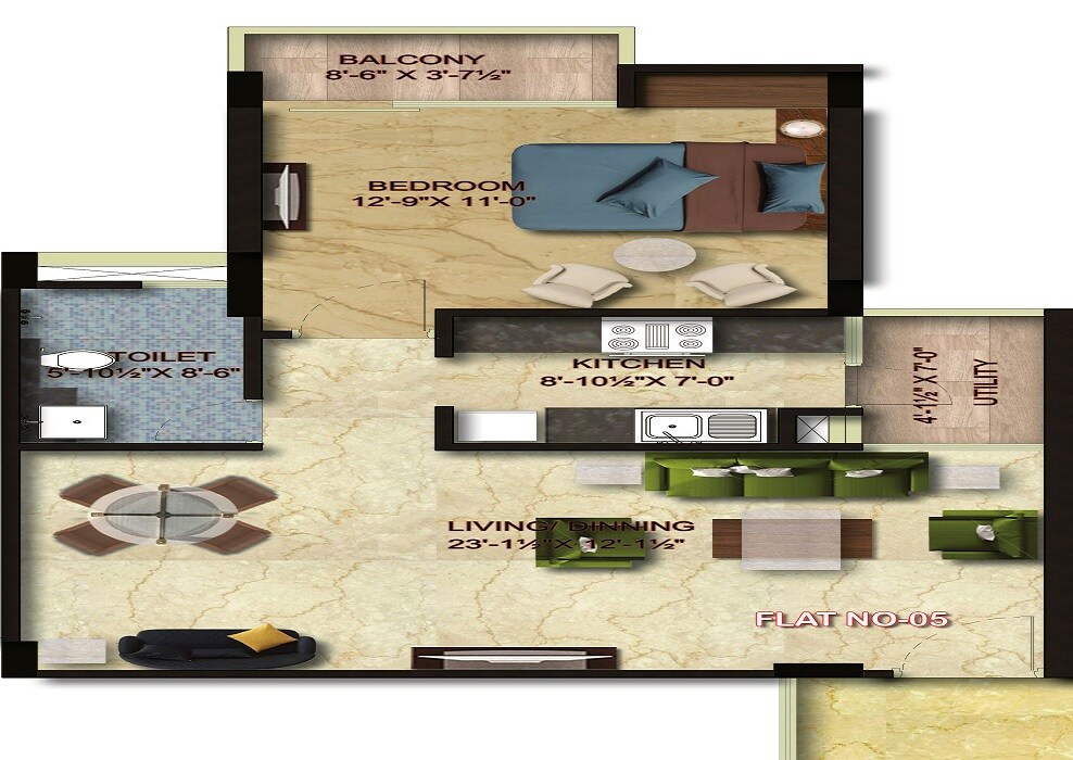Floor plan of 1 BHK 710 Sq. Ft. Apartment in M I Riviera Phase II, Lucknow