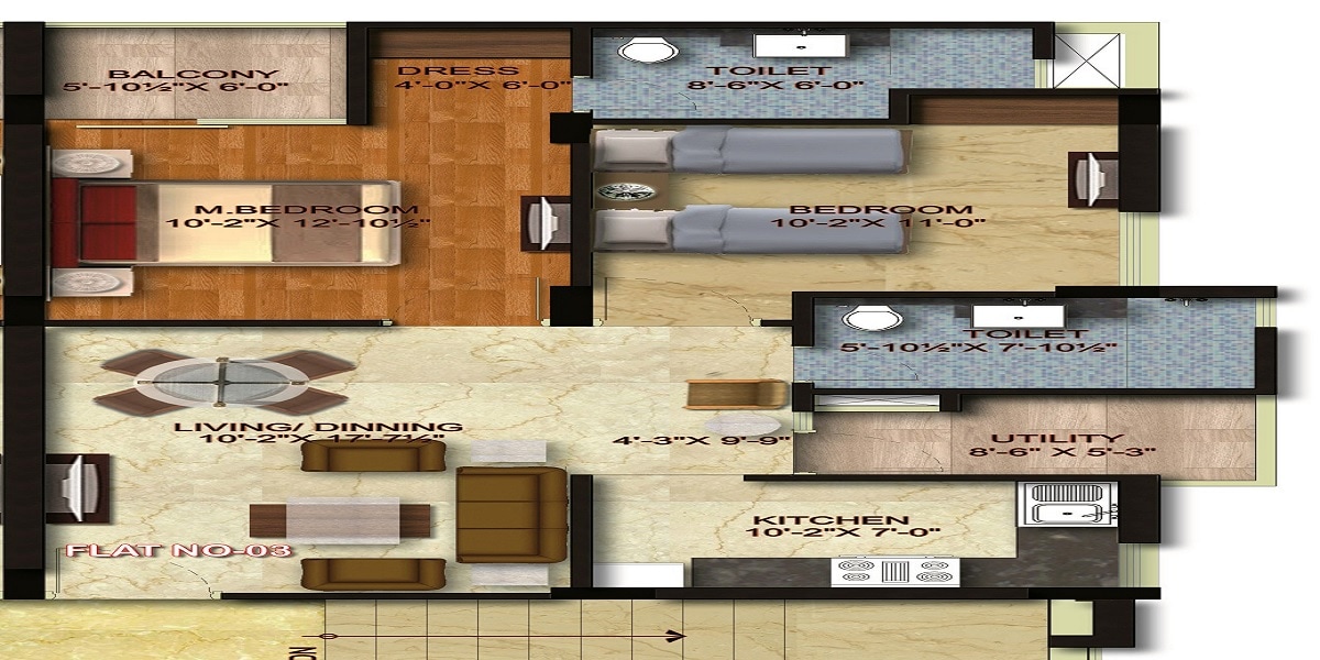 Floor plan of 2 BHK 875 Sq. Ft. Apartment in M I Riviera Phase II, Lucknow