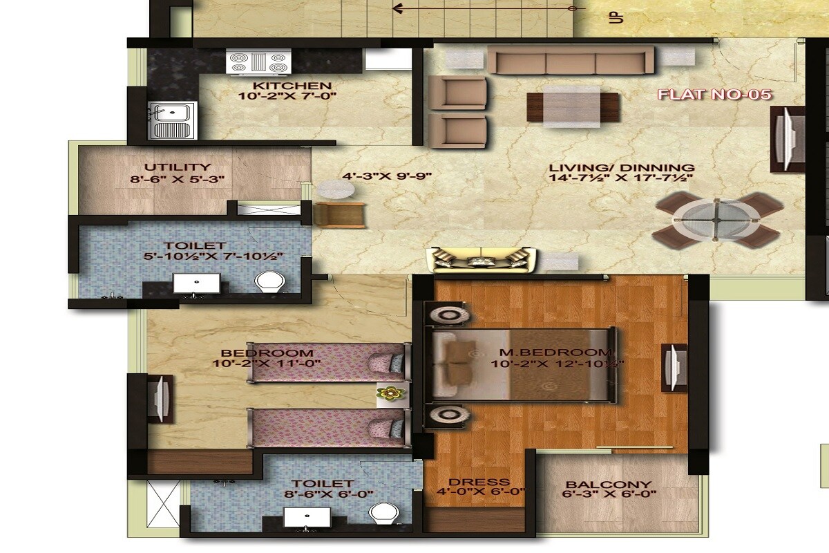 Floor plan of 2 BHK 970 Sq. Ft. Apartment in M I Riviera Phase II, Lucknow