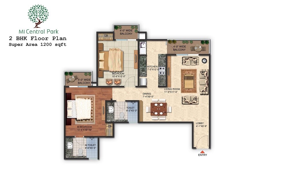 Floor plan of 2 BHK 1200 Sq. Ft. Apartment in MI Central Park, Lucknow
