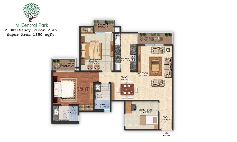 Floor plan of 2 BHK 1350 Sq. Ft. Apartment in MI Central Park, Lucknow