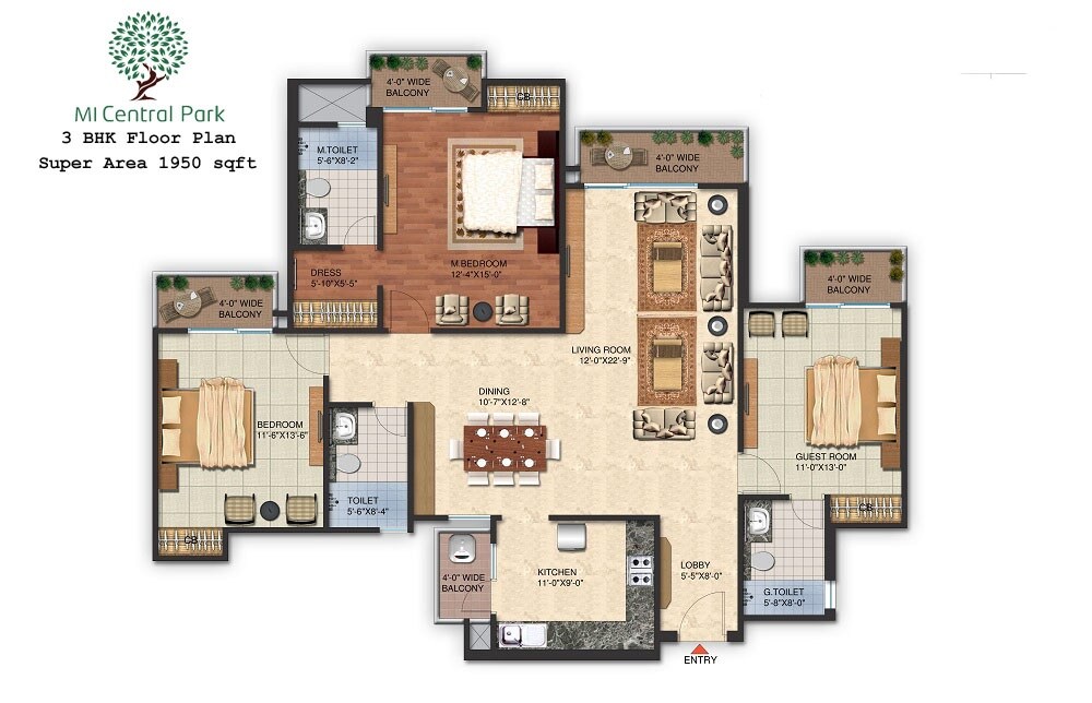 Floor plan of 3 BHK 1950 Sq. Ft. Apartment in MI Central Park, Lucknow