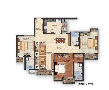 Floor plan of 3 BHK 2050 Sq. Ft. Apartment in MI Central Park, Lucknow