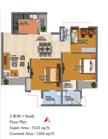 Floor plan of 2 BHK 1525 Sq. Ft. Apartment in MI Rustle Court, Lucknow