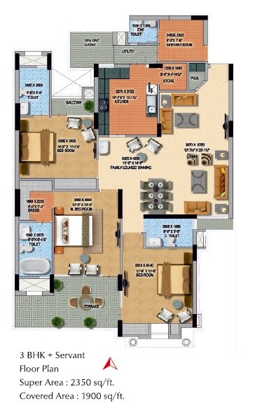 Floor plan of 3 BHK 2350 Sq. Ft. Apartment in MI Rustle Court, Lucknow