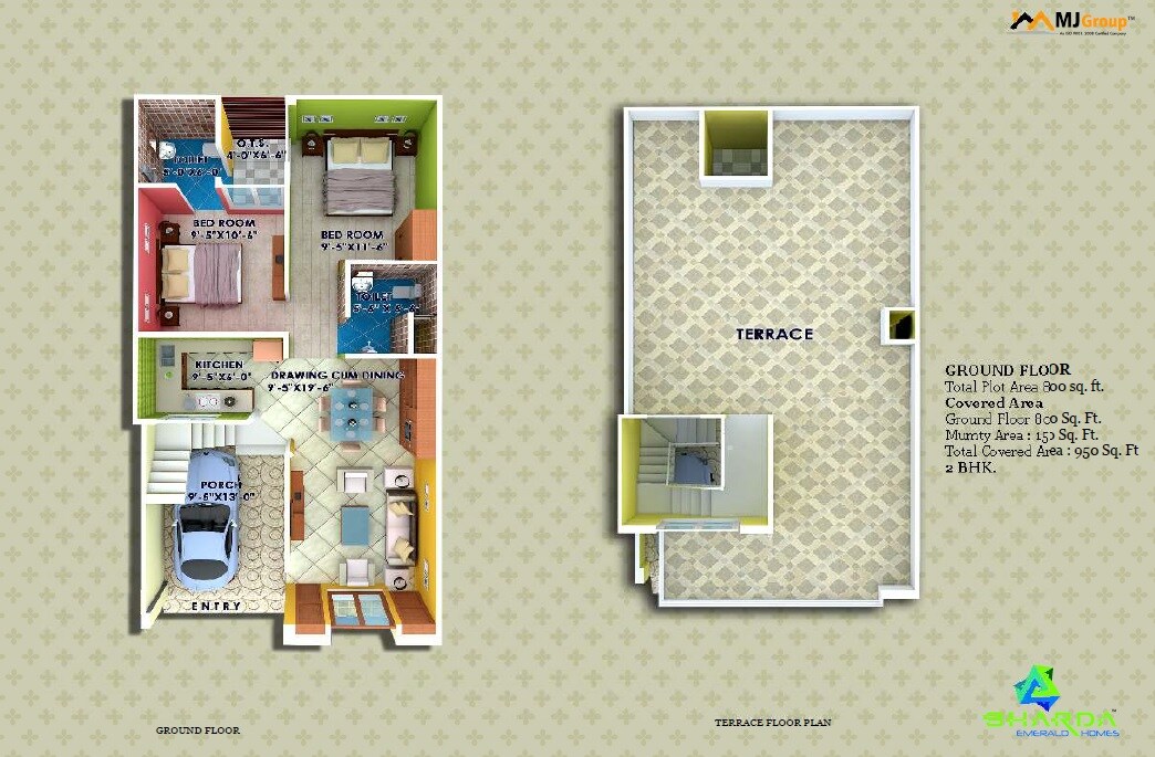 Floor plan of 2 BHK 950 Sq. Ft. Villa in MJ Sharda Emerald Homes, Lucknow