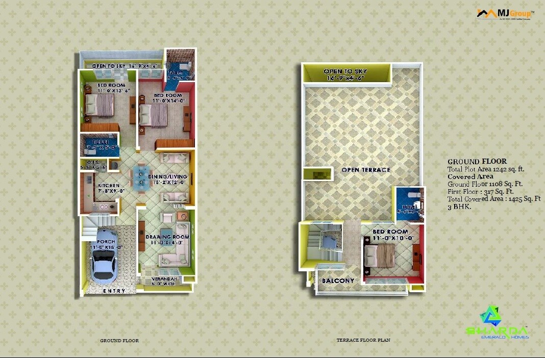 Floor plan of 3 BHK 1425 Sq. Ft. Villa in MJ Sharda Emerald Homes, Lucknow