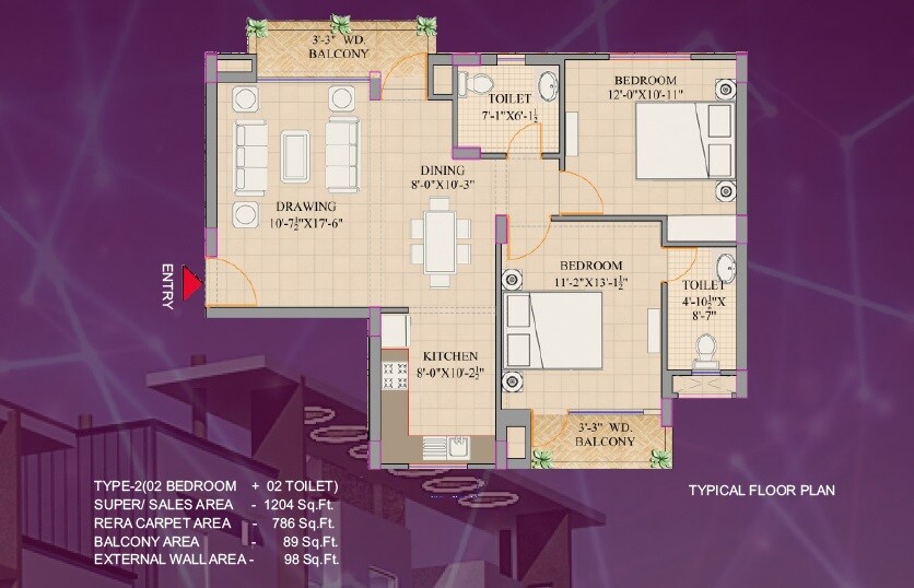 Floor plan of 2 BHK 786 Sq. Ft. Apartment in Nirmala NDL Capital Tower, Lucknow