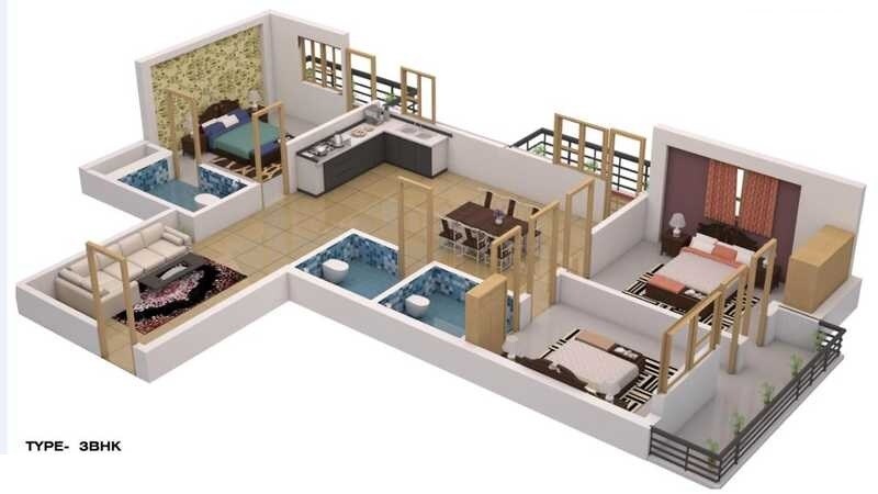 Floor plan of 3 BHK 1350 Sq. Ft. Apartment in Nirmala Sunder Village, Lucknow