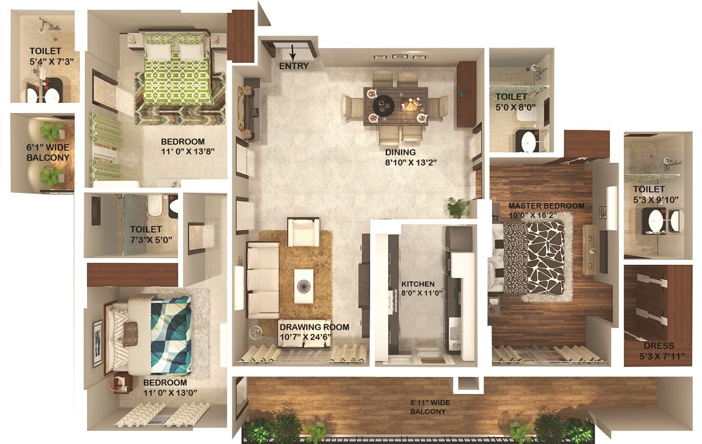 Floor plan of 3 BHK 2097 Sq. Ft. Apartment in Omaxe Kingston, Lucknow