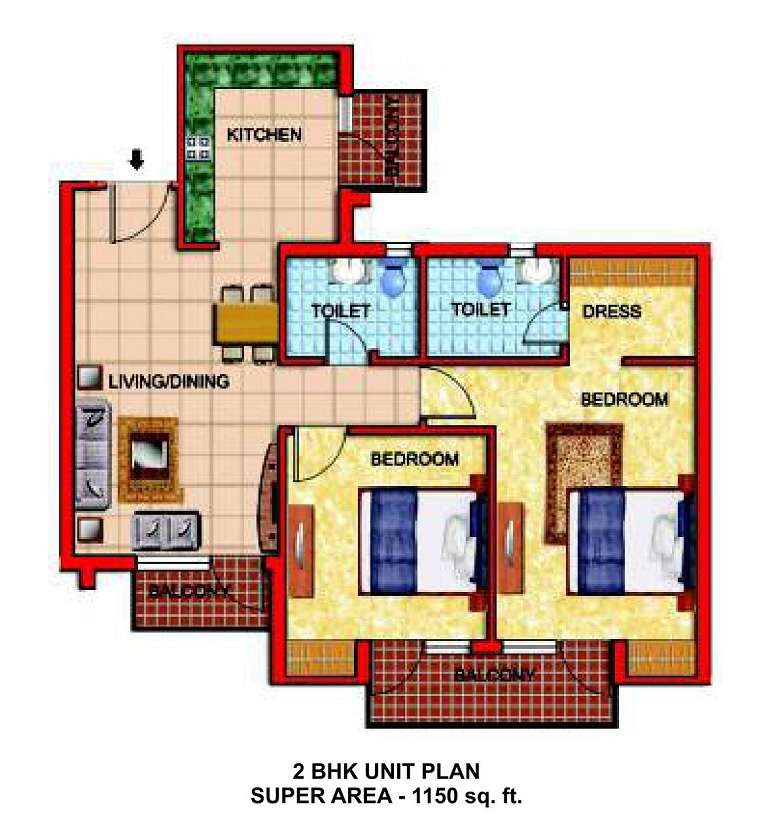2 BHK 1150 Sq. Ft. Apartment in Omaxe Residency