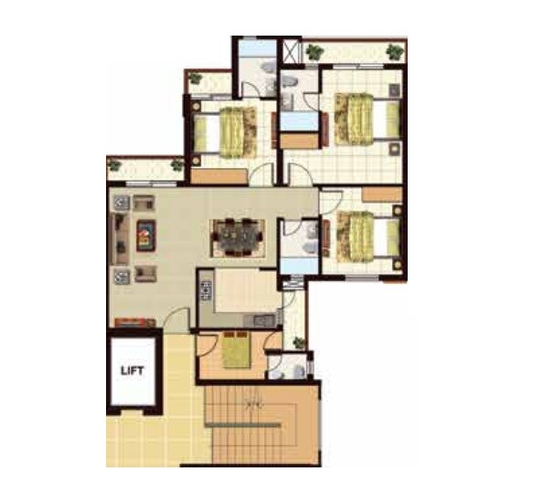 Floor plan of 3 BHK 1775 Sq. Ft. Apartment in Omaxe Residency II, Lucknow