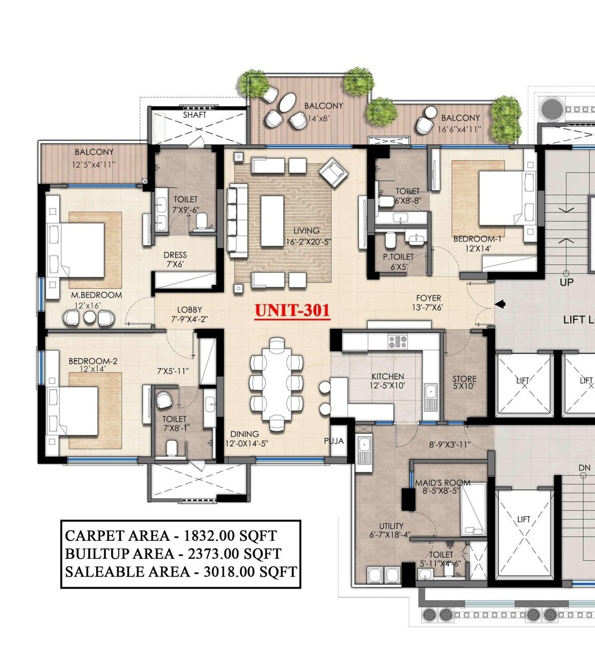 Floor plan of 3 BHK 3018 Sq. Ft. Apartment in Omaxe The Resort Lucknow, Lucknow