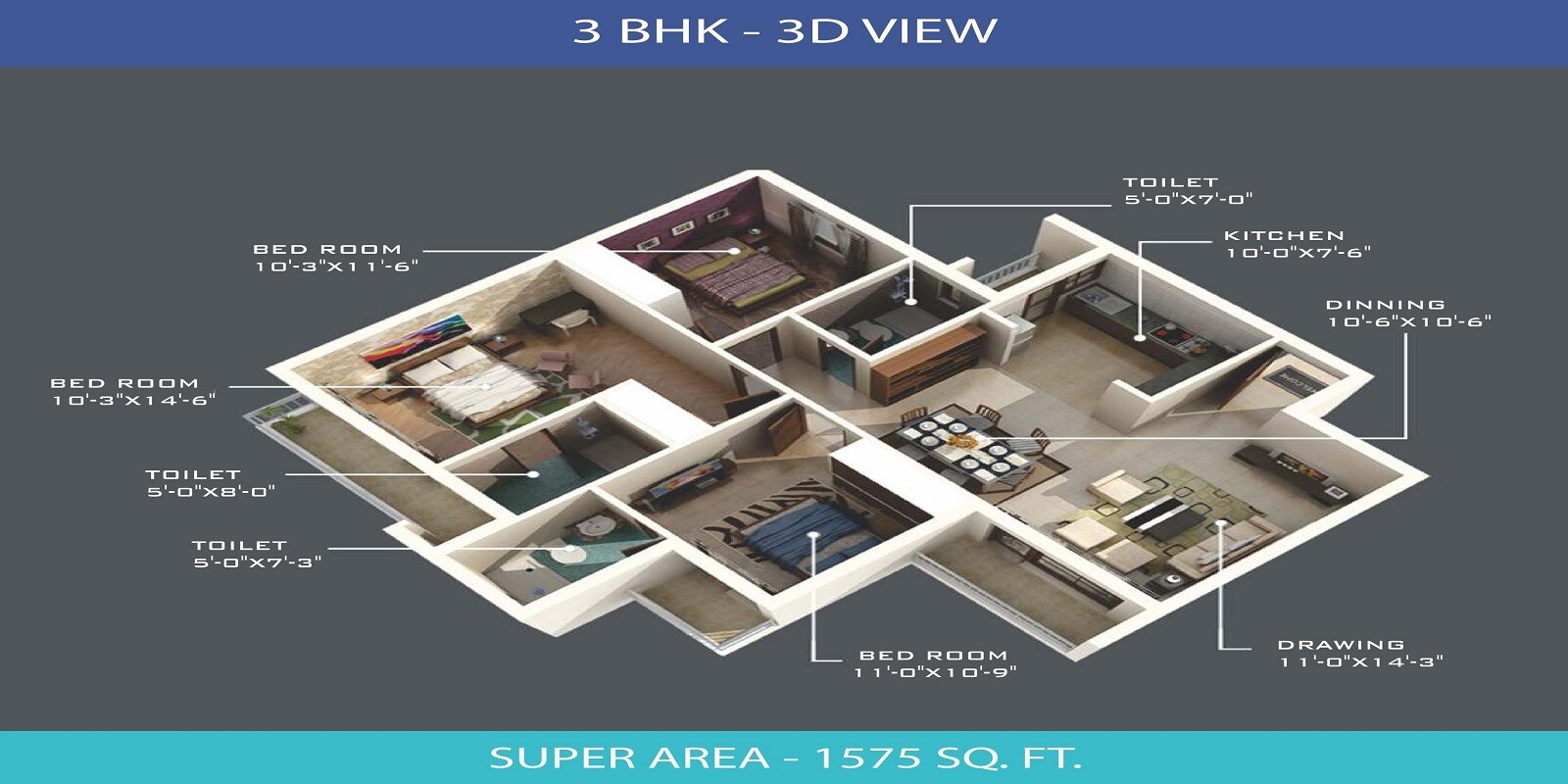 Floor plan of 3 BHK Apartment - 977 sq. ft. in Omaxe Waterscapes, Lucknow