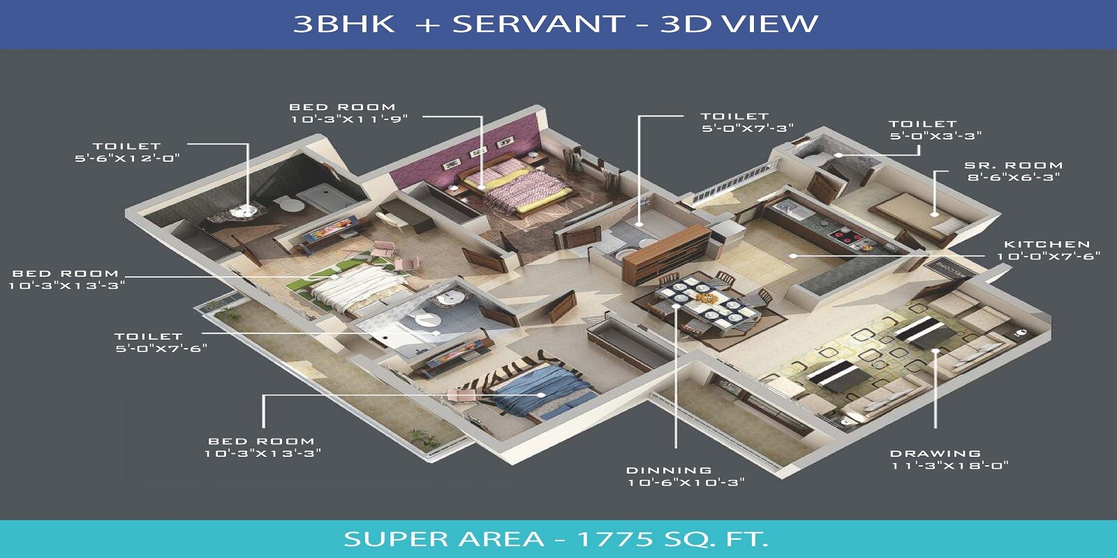 Floor plan of 3 BHK Apartment - 1102 sq. ft. in Omaxe Waterscapes, Lucknow