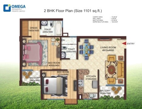 Floor plan of 2 BHK Apartment - 1101 sq. ft. in Omega Urban Greens, Lucknow