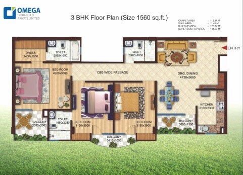Floor plan of 3 BHK Apartment - 1560 sq. ft. in Omega Urban Greens, Lucknow