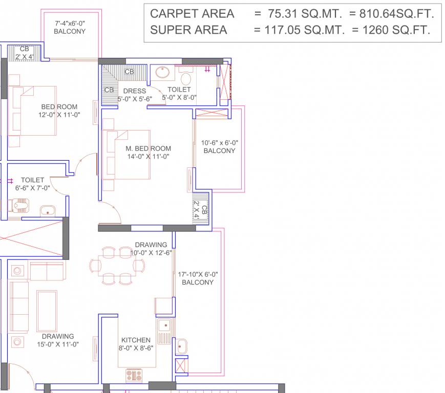 Floor plan of 2 BHK 1012 Sq. Ft. Apartment in Omega Windsor Greens, Lucknow