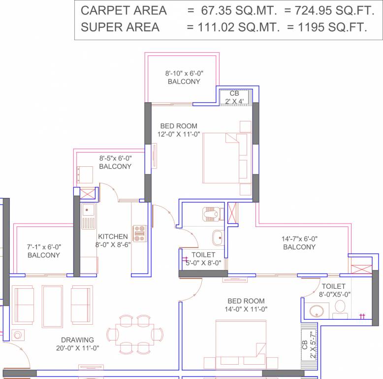 Floor plan of 2 BHK 1195 Sq. Ft. Apartment in Omega Windsor Greens, Lucknow